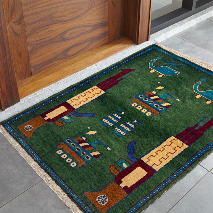 Green Afghan War Rug 2' 0" x 2' 10" Hand-Knotted | No. AL24965
