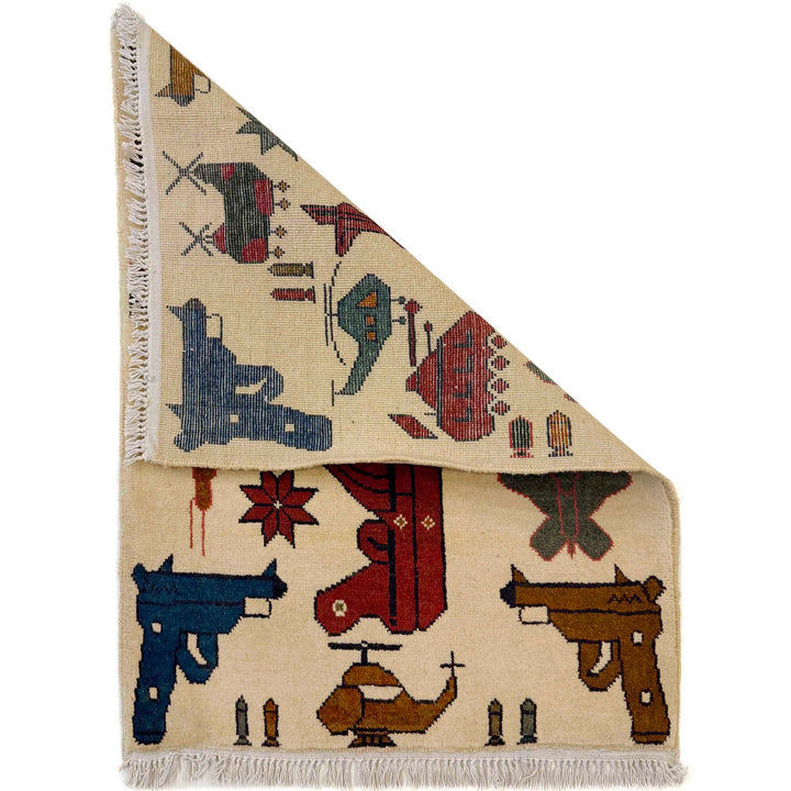 Beige Afghan War Rug 1' 11" x 2' 8" Hand-Knotted detail