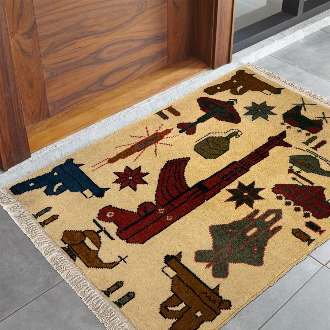 Beige Afghan War Rug 1' 11" x 2' 8" Hand-Knotted view