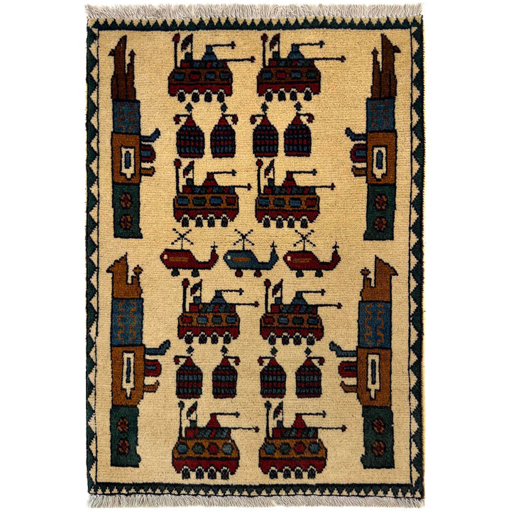 Beige Afghan War Rug 2' 0" x 2' 9" Hand-Knotted | No. AL66783