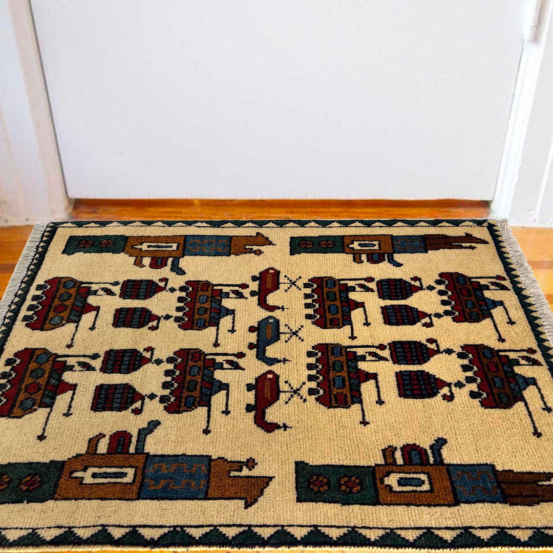 Beige Afghan War Rug 2' 0" x 2' 9" Hand-Knotted | No. AL66783