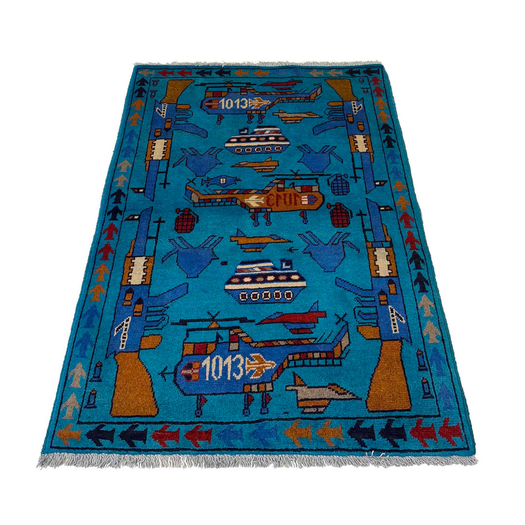 Blue Afghan War Rug 2' 7" x 3' 11" Hand-Knotted | No. AL30226