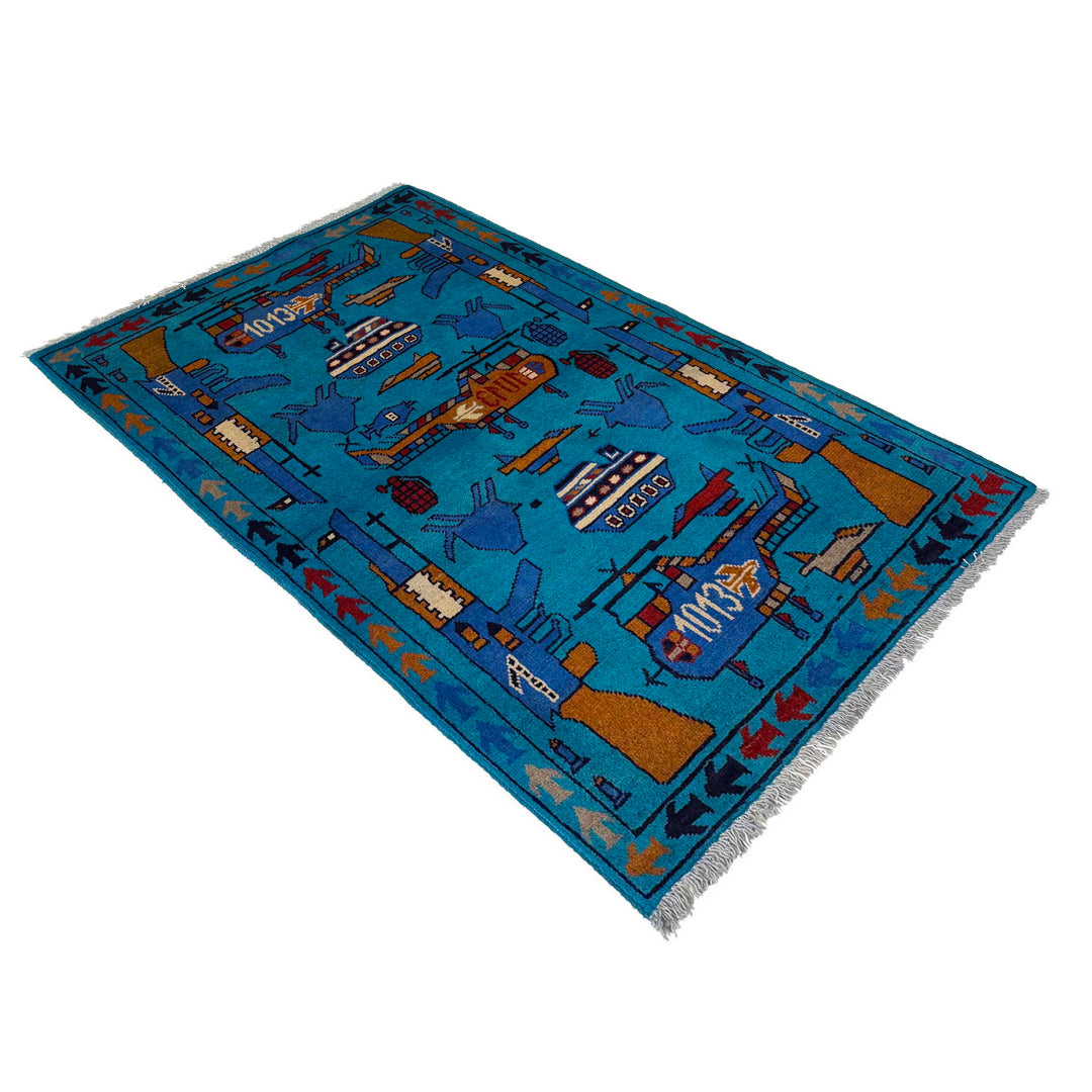 Blue Afghan War Rug 2' 7" x 3' 11" Hand-Knotted | No. AL30226