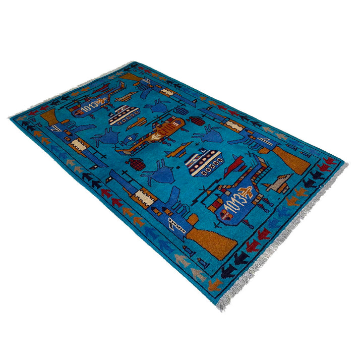 Blue Afghan War Rug 2' 7" x 3' 11" Hand-Knotted | No. AL30226
