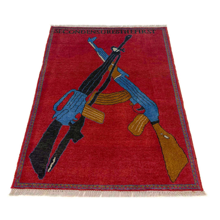 Red Afghan War Rug 2' 9" x 3' 10" Hand-Knotted detail