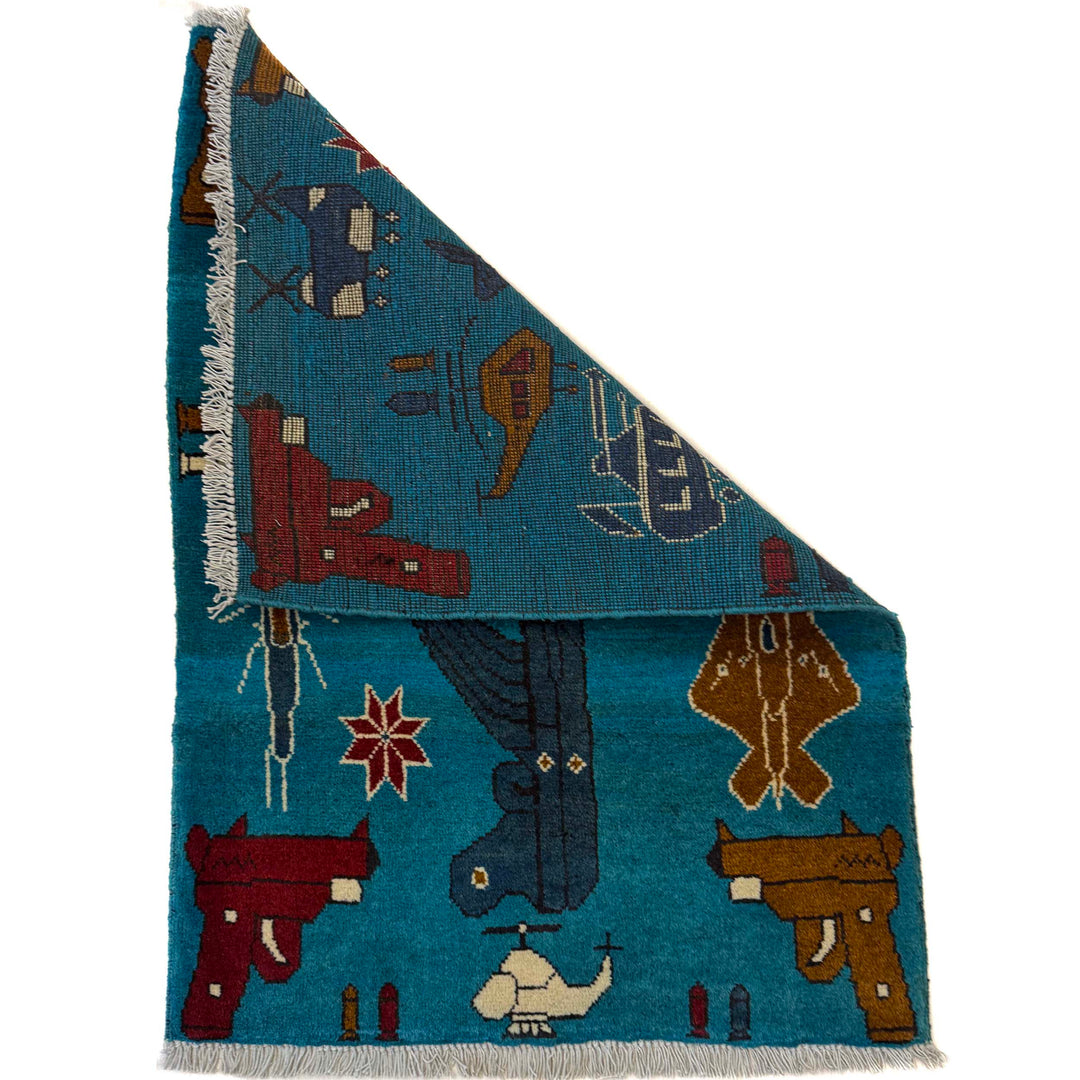 Blue Afghan War Rug 2' 1" x 2' 11" Hand-Knotted | No. AL37695