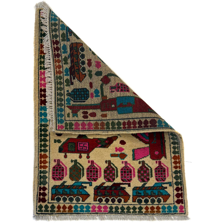 White Afghan War Carpet Rug 2' 0" x 2' 11" Hand-Knotted detail