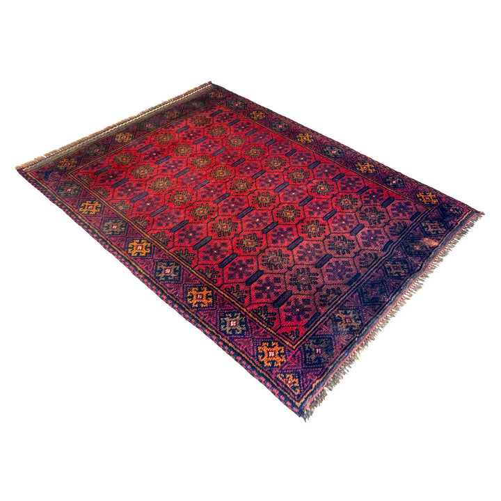 Red Afghan Baluchi Rug 2' 11" x 4' 2" Hand-Knotted close-up