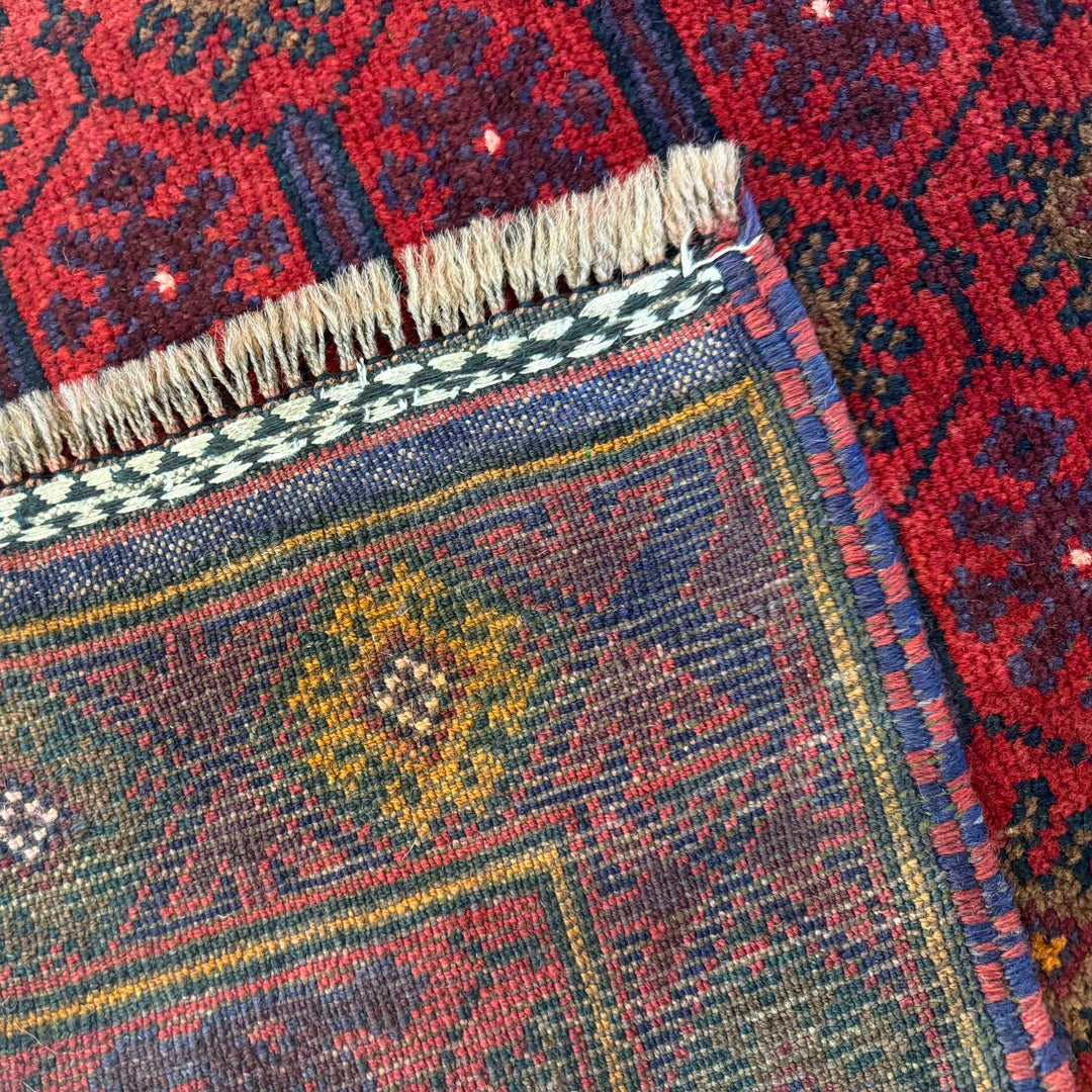 Red Afghan Baluchi Rug 2' 11" x 4' 2" Hand-Knotted field