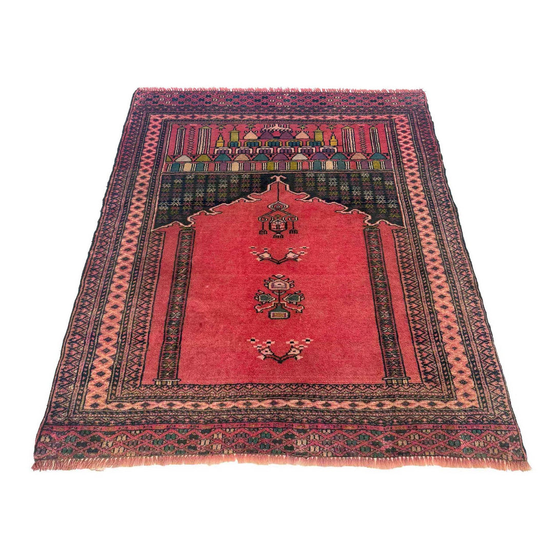 Red Afghan Prayer Rug 3' 3" x 3' 10" Hand-Knotted detail