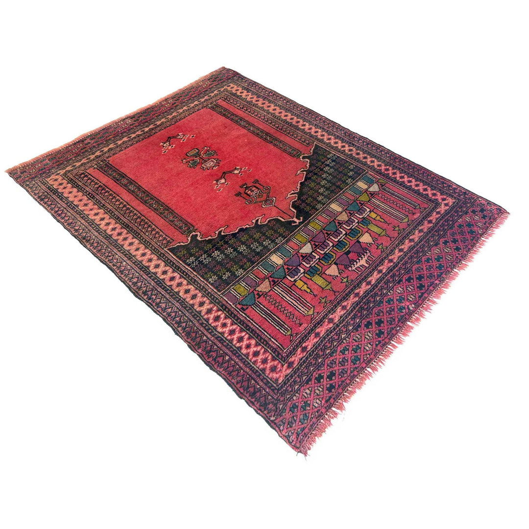 Red Afghan Prayer Rug 3' 3" x 3' 10" Hand-Knotted view