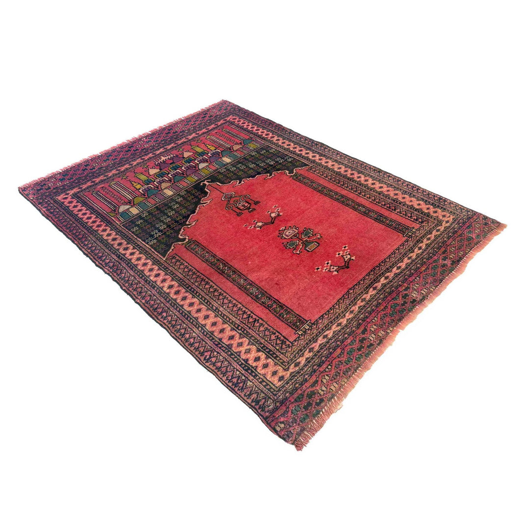 Red Afghan Prayer Rug 3' 3" x 3' 10" Hand-Knotted close-up