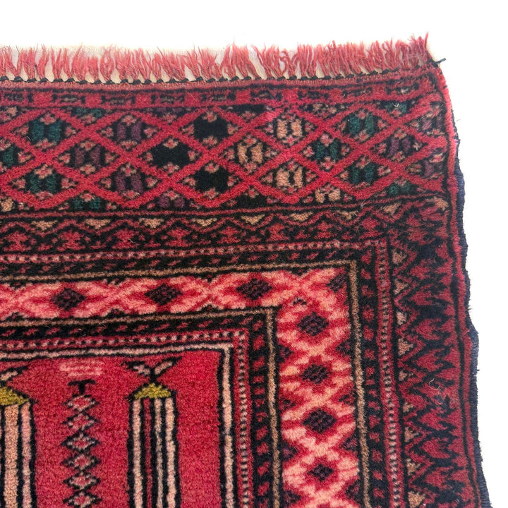 Red Afghan Prayer Rug 3' 3" x 3' 10" Hand-Knotted pattern