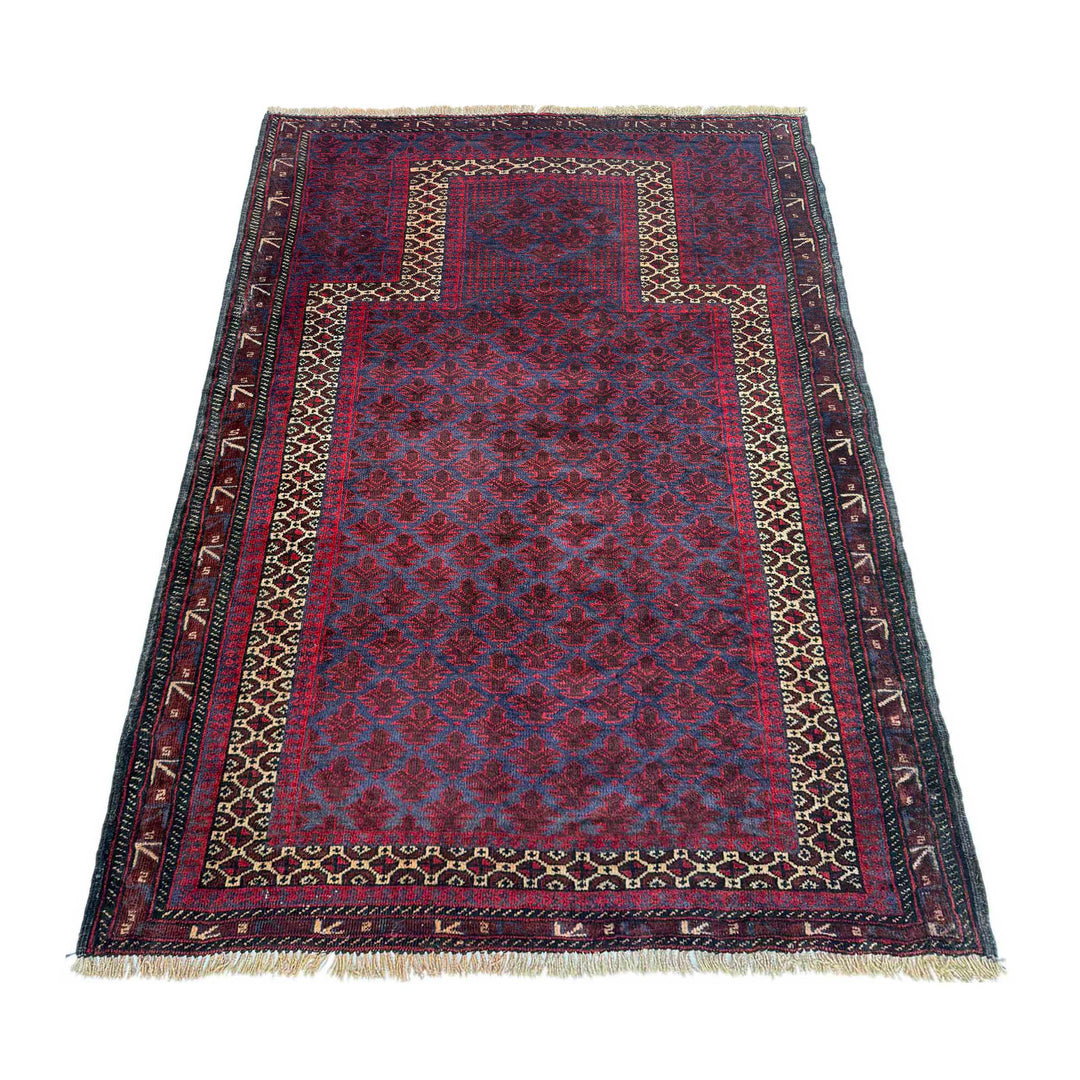 Red Afghan Prayer Rug 3' 3" x 4' 6" Hand-Knotted | No. AL83745