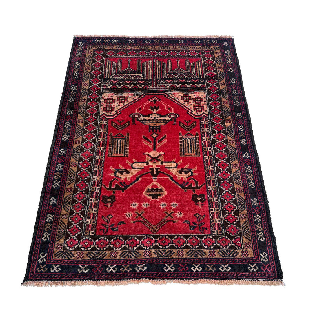 Red Afghan Tribal Rug 2' 11" x 4' 3" Hand-Knotted detail