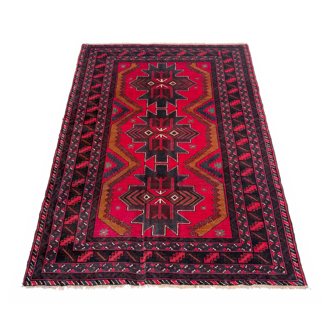 Red Afghan Baluchi Rug 3' 10" x 6' 5" Hand-Knotted | No. AL15737