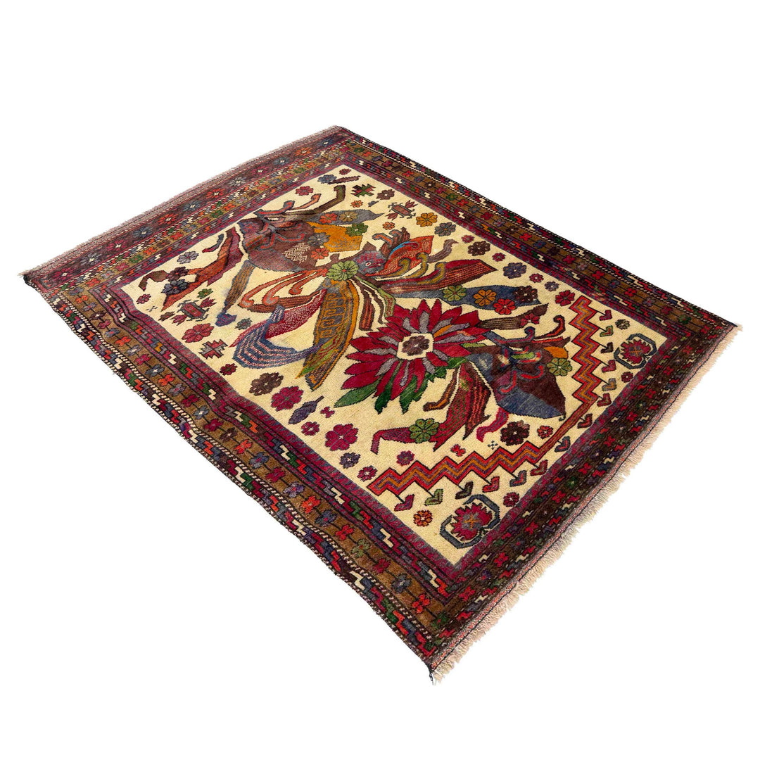 Afghan Baluchi Rug 3' 5" x 4' 8" Hand-Knotted close-up