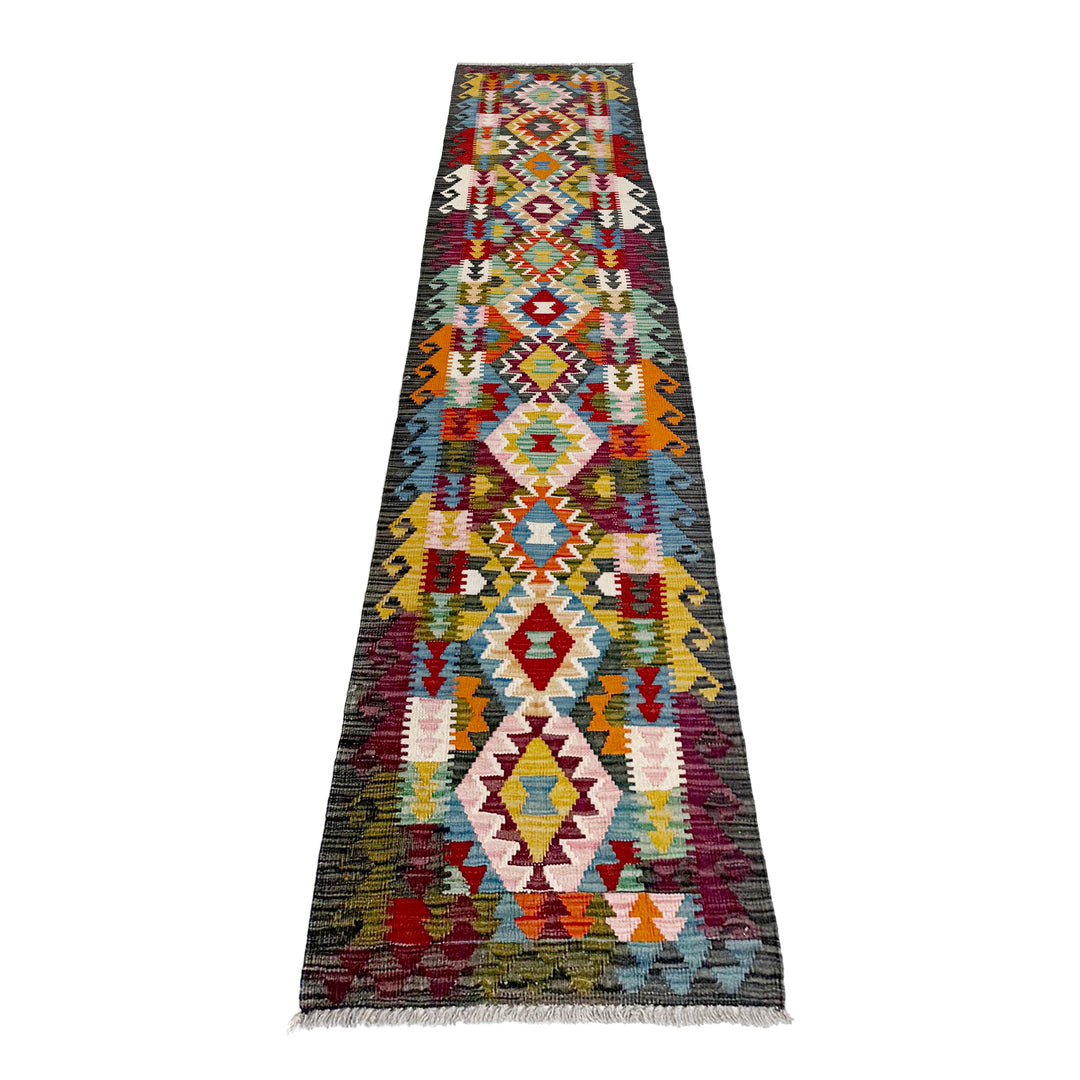 Afghan Vegetable Kilim Rug 1' 9" x 9' 7" Flat-Weave detail
