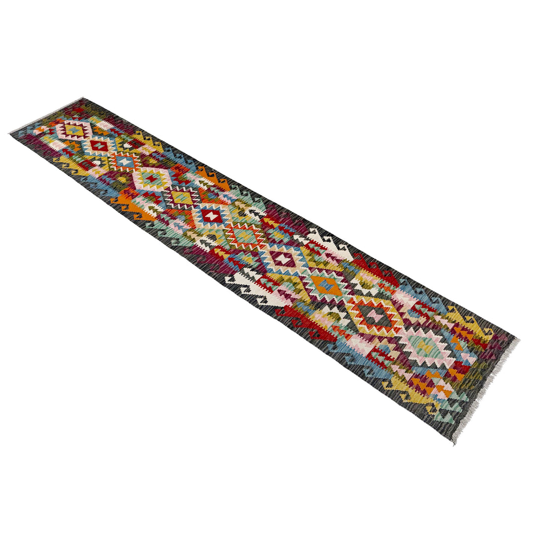 Afghan Vegetable Kilim Rug 1' 9" x 9' 7" Flat-Weave close-up