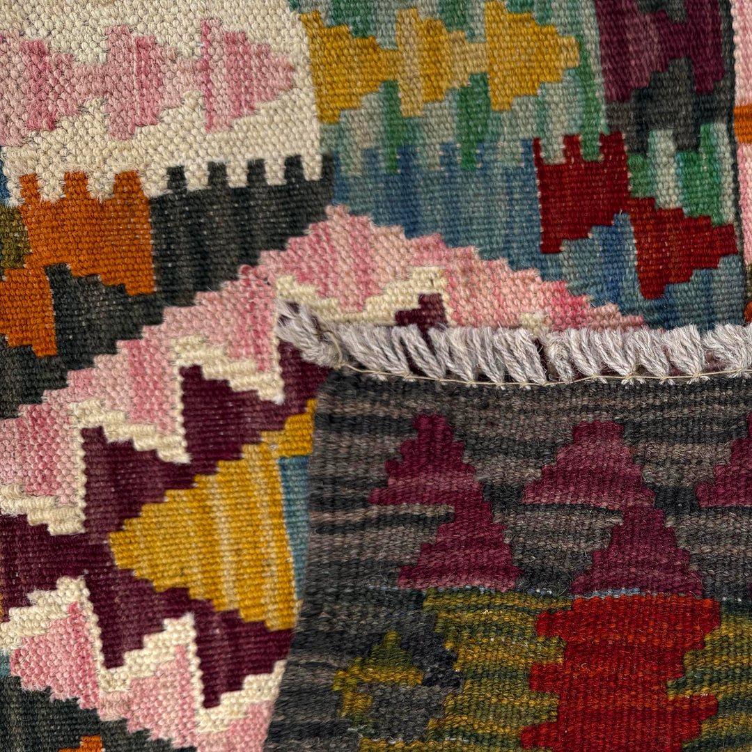 Afghan Vegetable Kilim Rug 1' 9" x 9' 7" Flat-Weave border