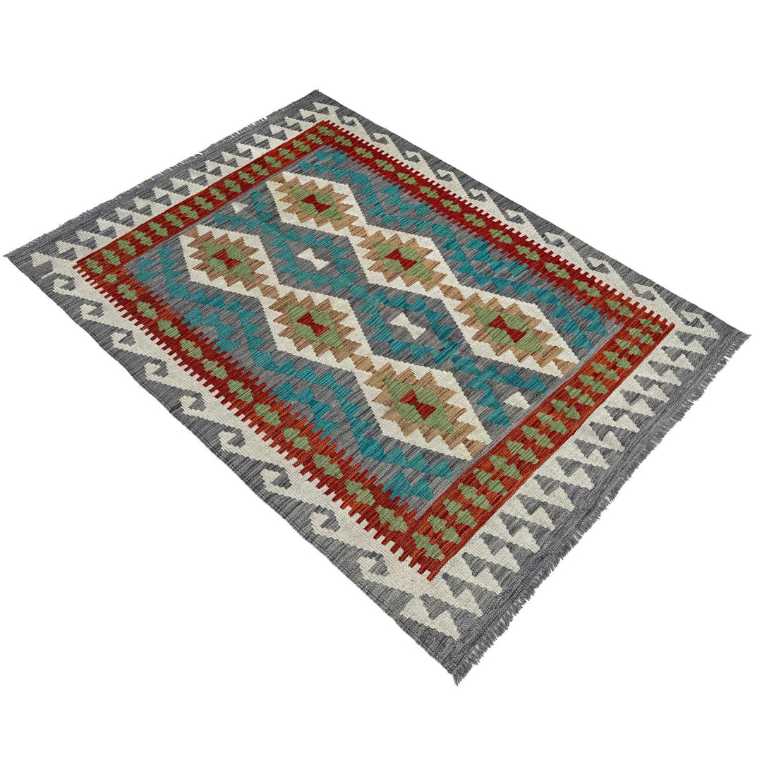 Afghan Chobi Kilim Rug 4' 1" x 5' 11" Flat-Weave detail