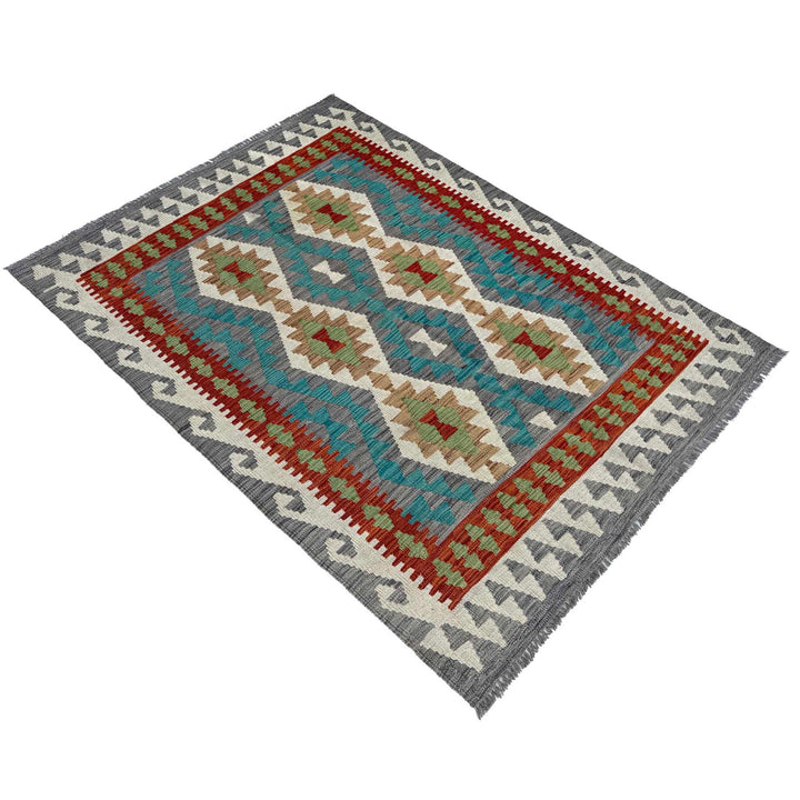 Afghan Chobi Kilim Rug 4' 1" x 5' 11" Flat-Weave detail