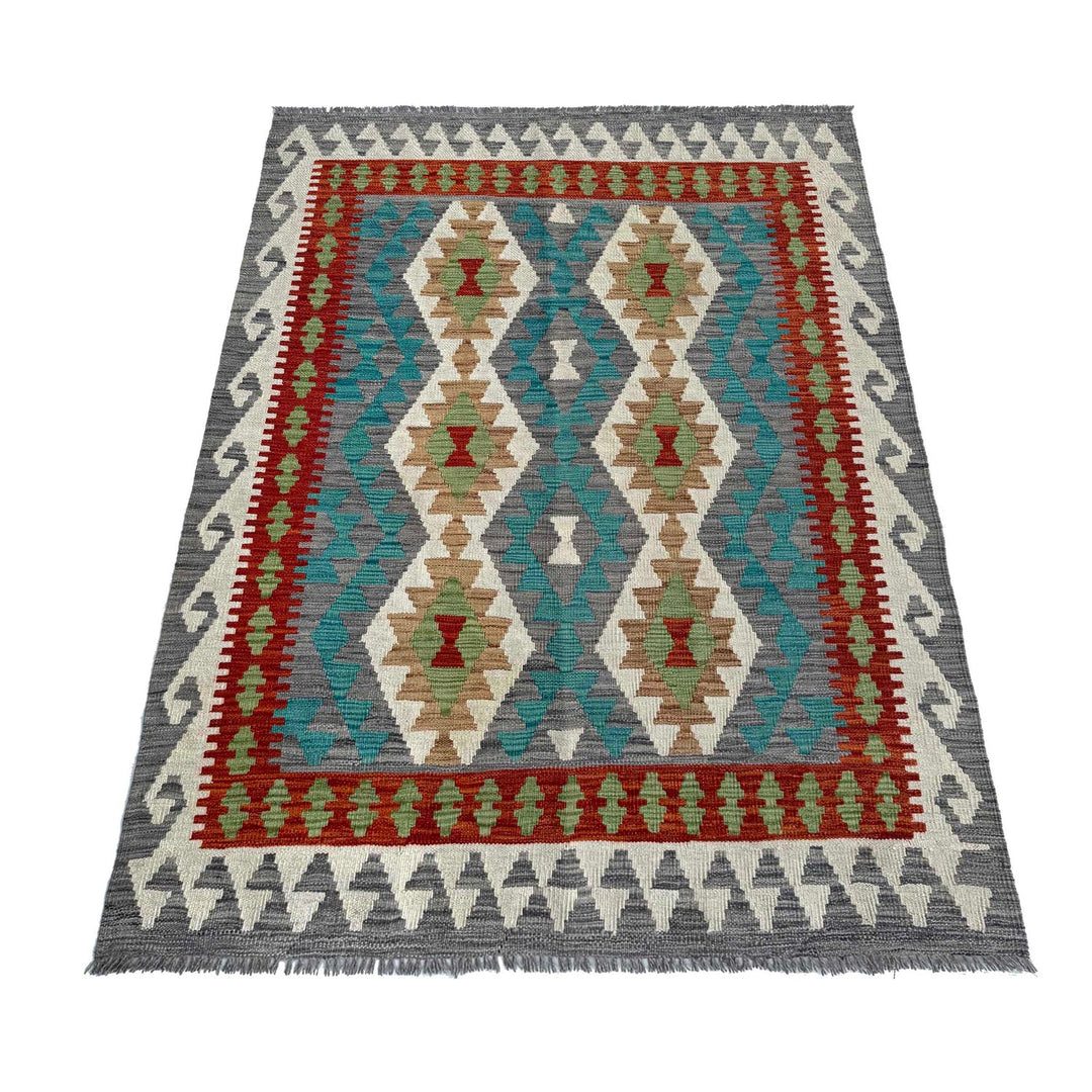 Afghan Chobi Kilim Rug 4' 1" x 5' 11" Flat-Weave close-up