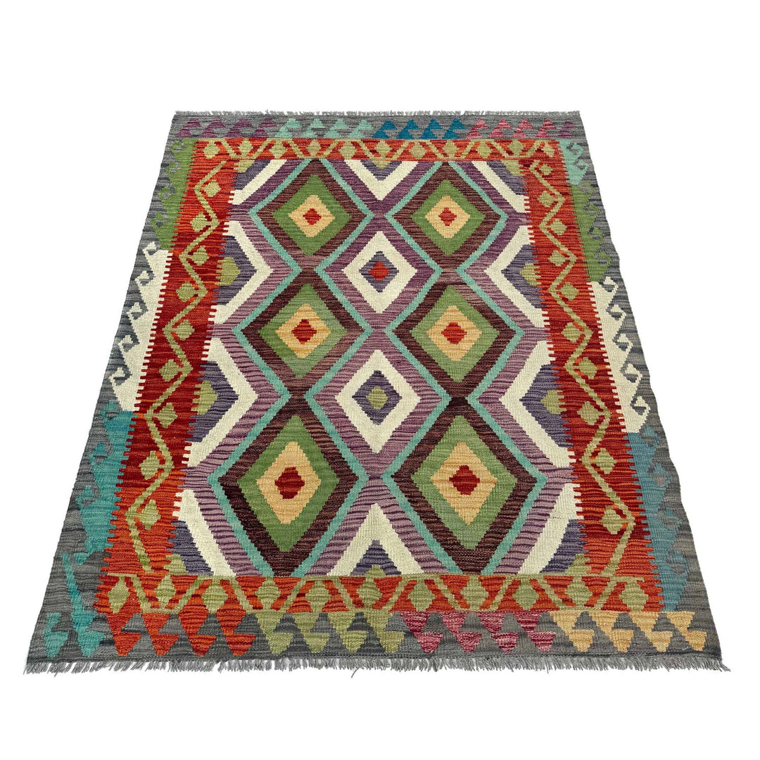 Afghan Kilim Rug 4' 0" x 5' 8" Flat-Weave detail