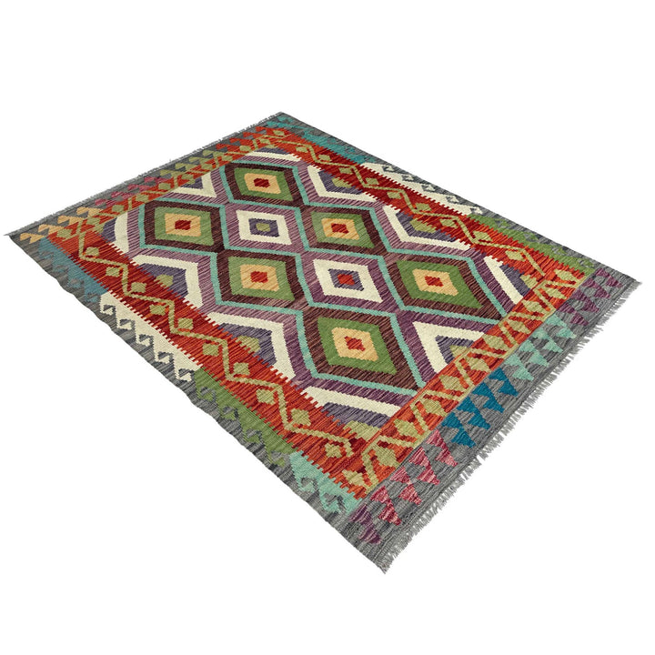 Afghan Kilim Rug 4' 0" x 5' 8" Flat-Weave close-up