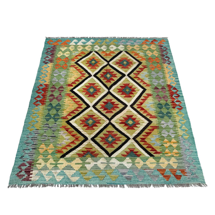 Afghan Vegetable Kilim Rug 4' 2" x 5' 3" Flat-Weave detail