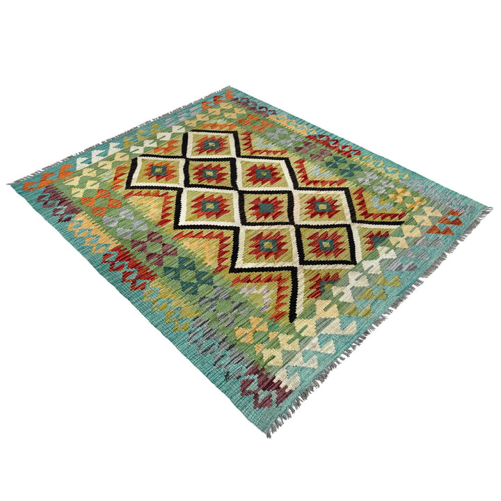 Afghan Vegetable Kilim Rug 4' 2" x 5' 3" Flat-Weave close-up