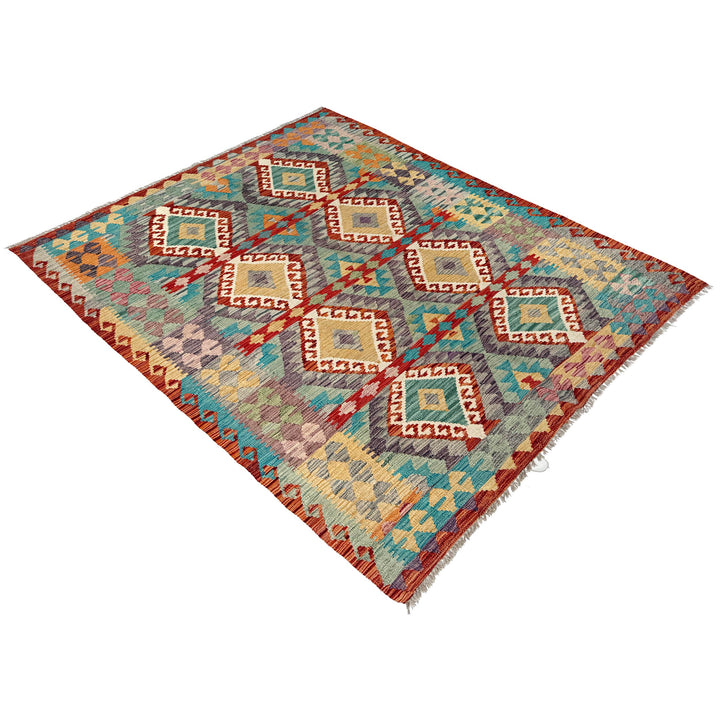 Afghan Kilim Rug 4' 10" x 6' 2" Flat-Weave close-up