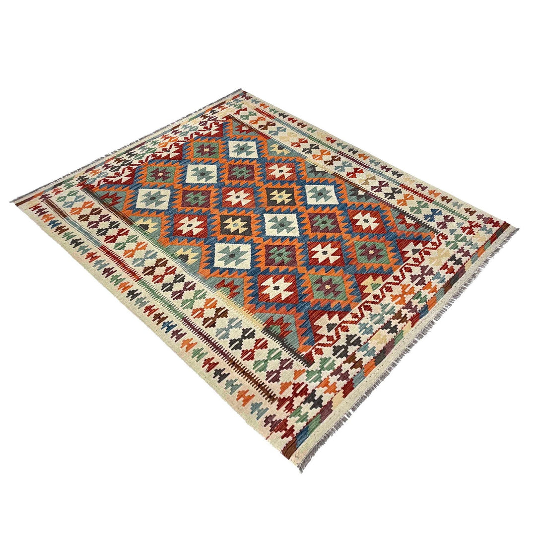 Afghan Kilim Rug 4'11" x 6'6" Flat-Weave close-up