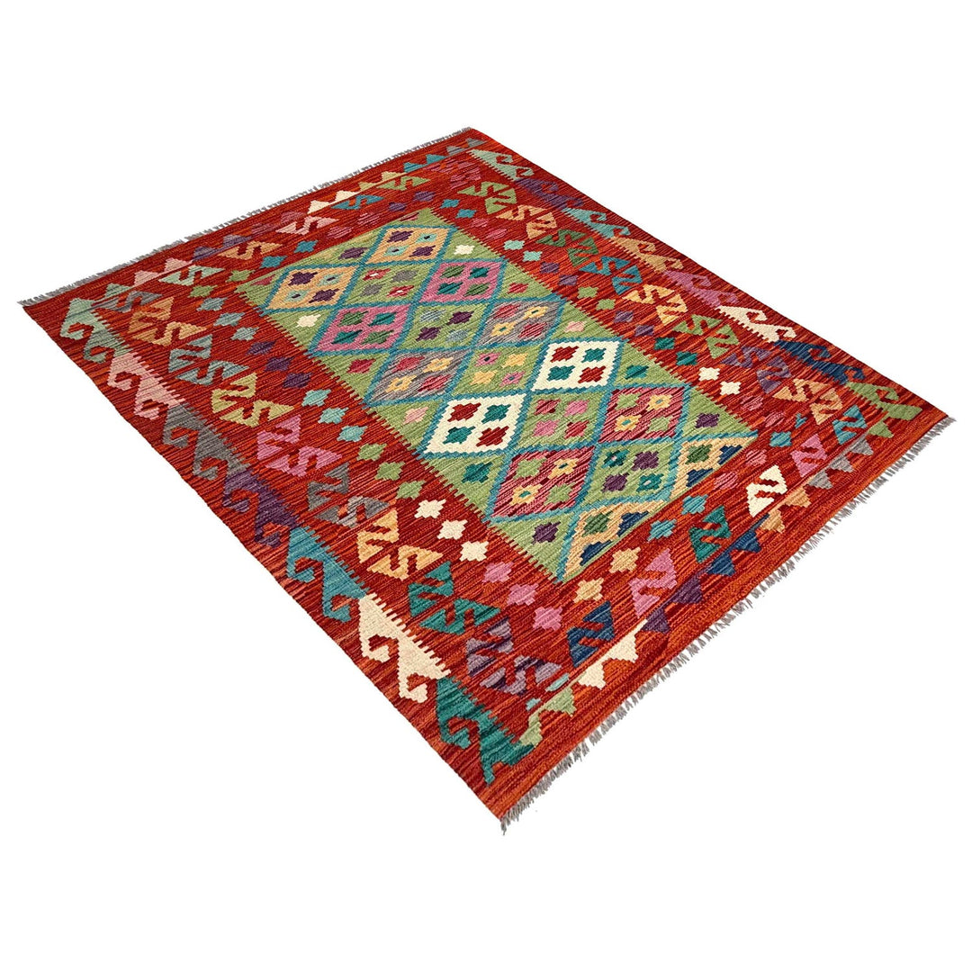 Afghan Vegetable Kilim Rug 4' 3" x 5' 8" Flat-Weave close-up