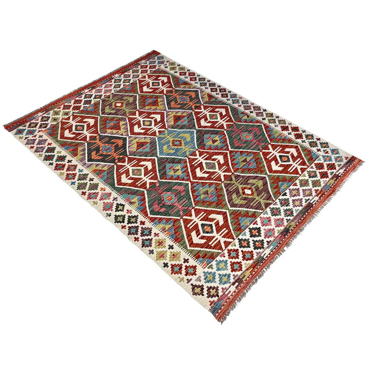Afghan Kilim Rug 4' 11" x 6' 9" Flat-Weave close-up