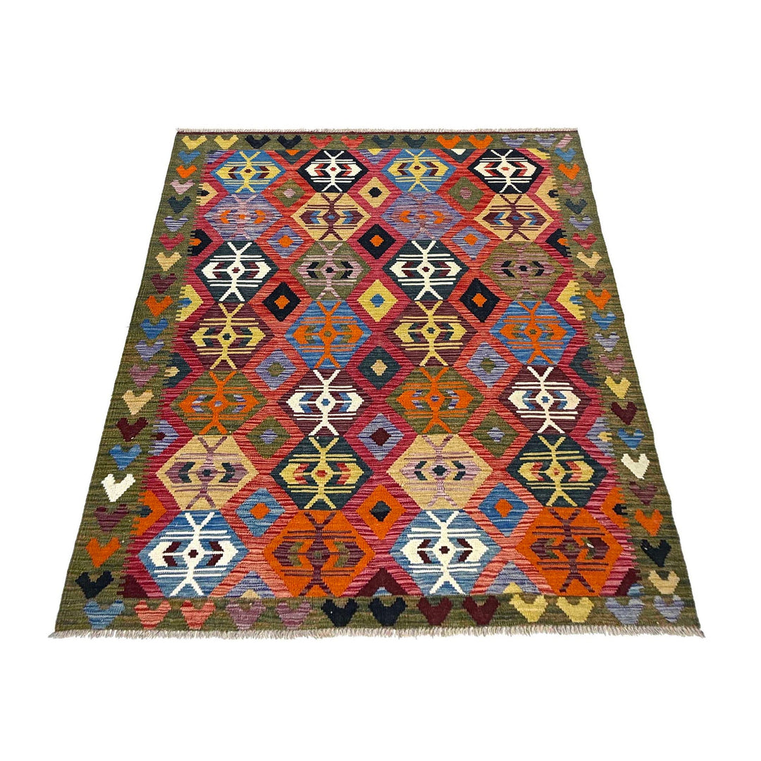 Afghan Vegetable Kilim Rug 5' 1" x 6' 11" Flat-Weave detail