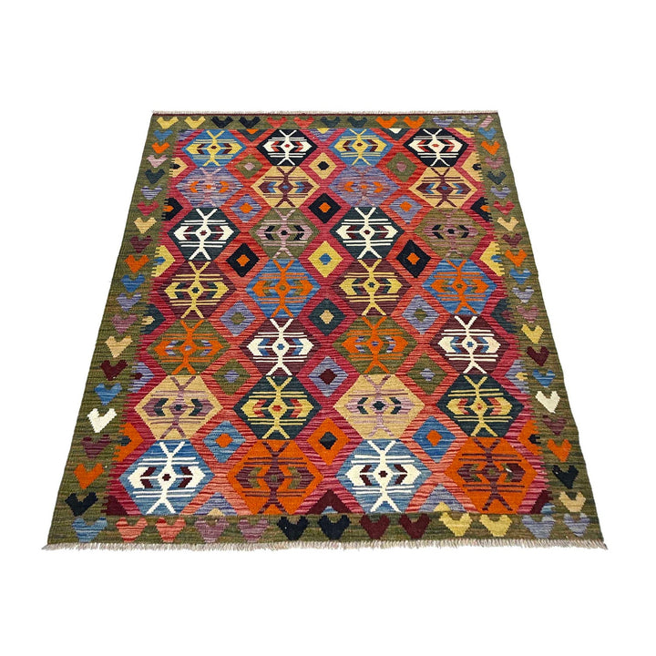Afghan Vegetable Kilim Rug 5' 1" x 6' 11" Flat-Weave detail