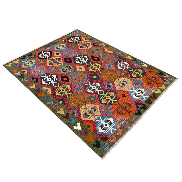 Afghan Vegetable Kilim Rug 5' 1" x 6' 11" Flat-Weave close-up