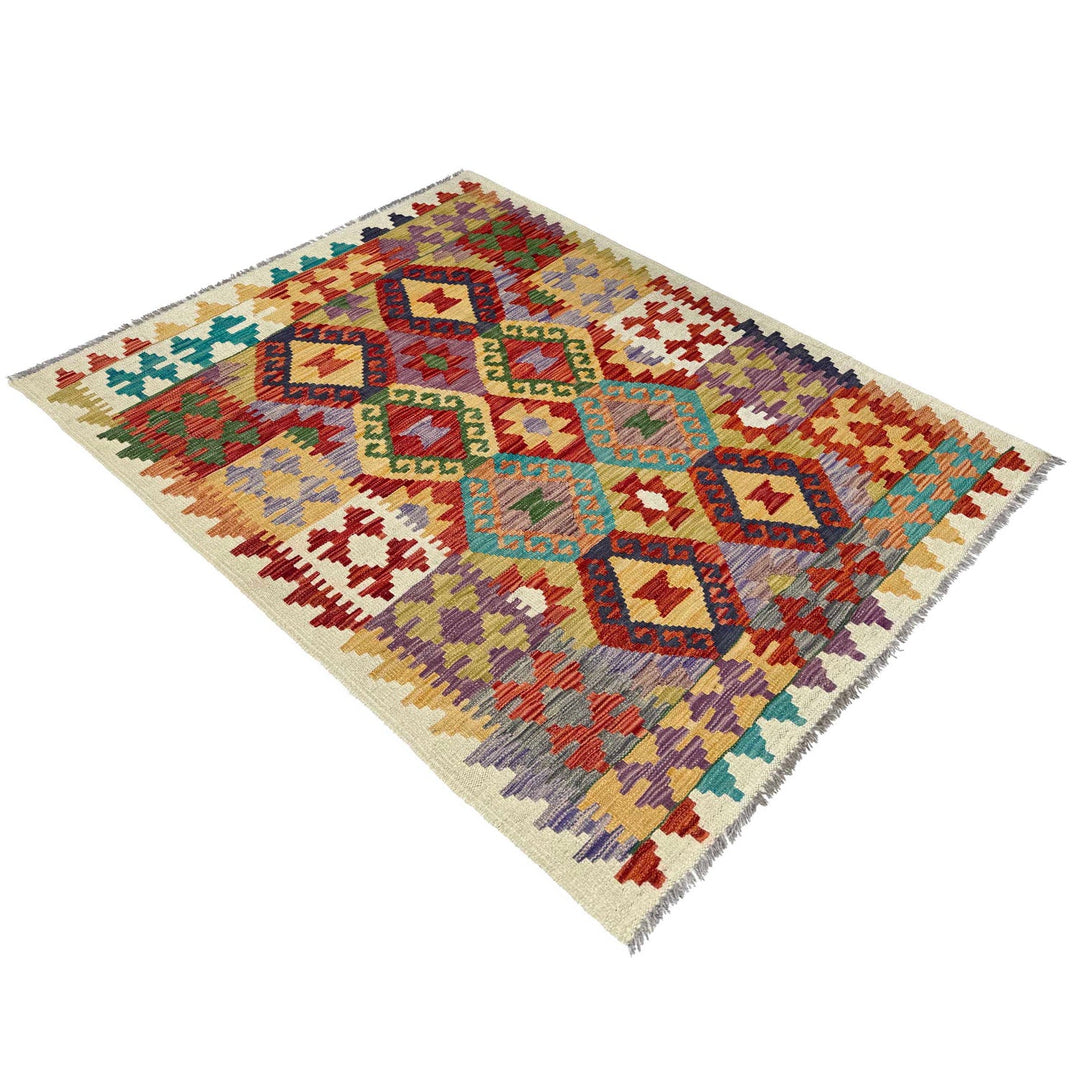 Afghan Kilim Rug 4' 1" x 5' 9" Flat-Weave close-up