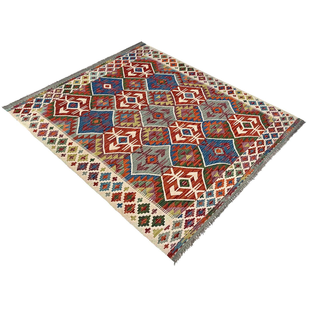 Afghan Kilim Rug 4' 10" x 6' 4" Flat-Weave close-up