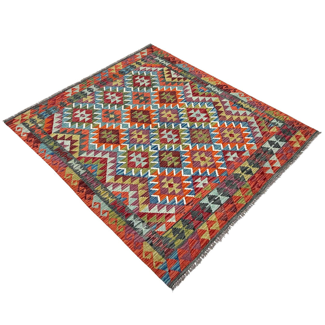 Afghan Kilim Rug 4' 11" x 6' 4" Flat-Weave close-up