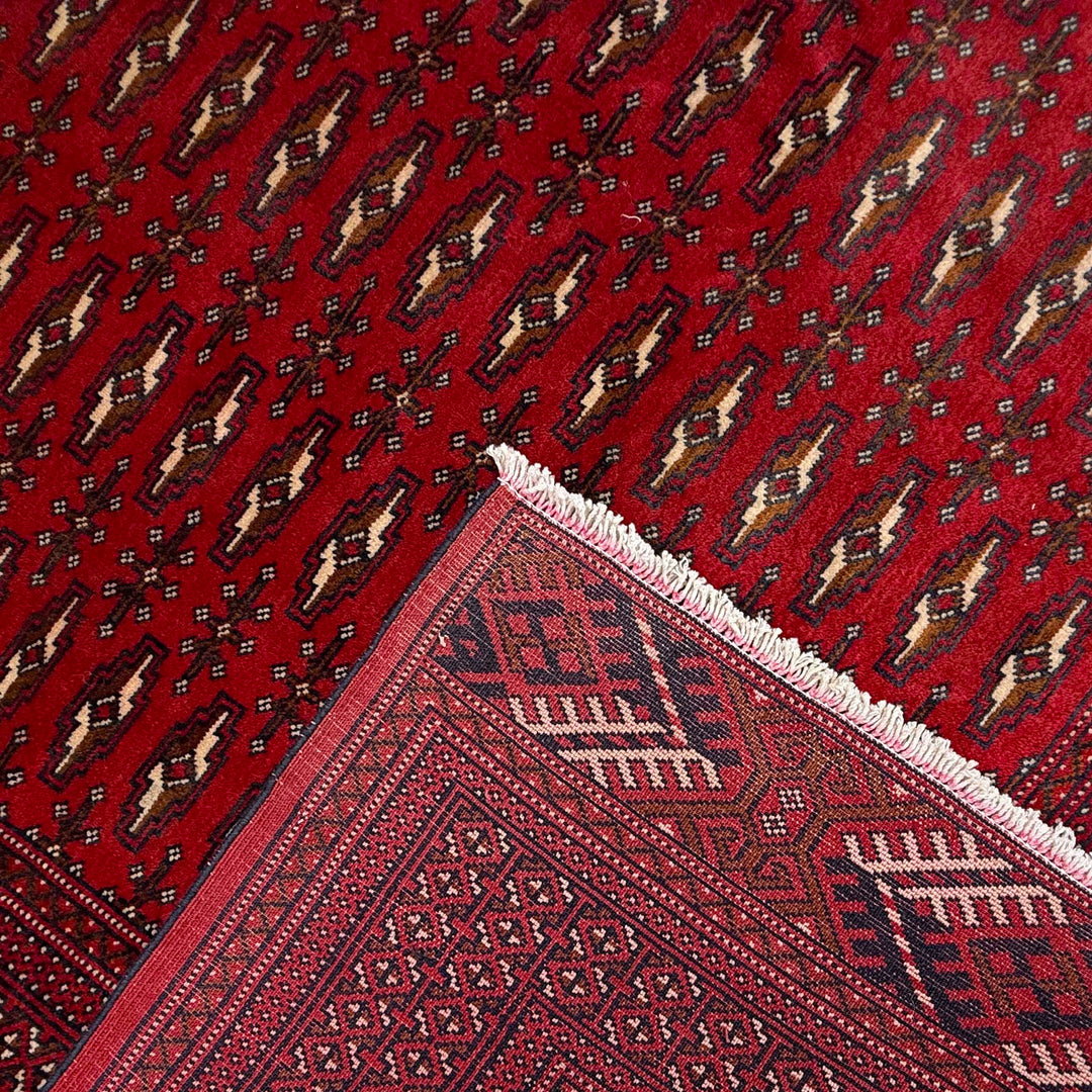 Deep Red Afghan Bokhara Rug 6' 10" x 9' 1" Hand-Knotted | No. AL28666
