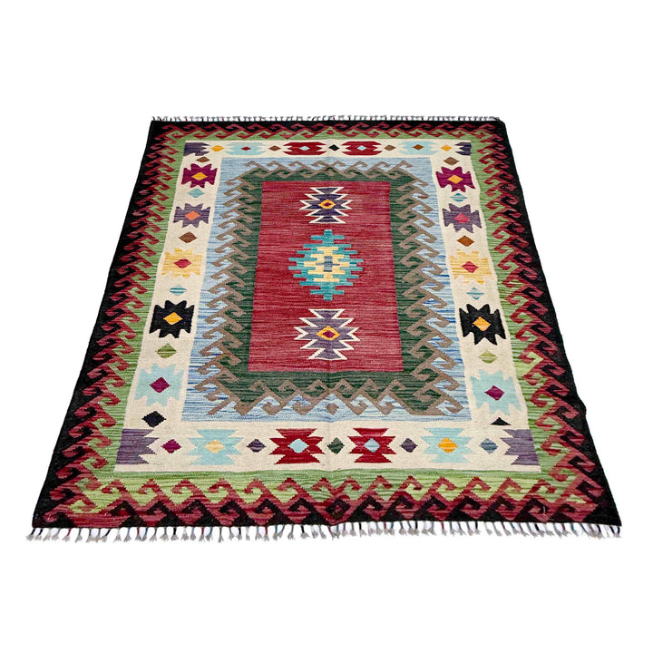 Afghan Vegetable Kilim Rug 4'11" x 6'7" Flat-Weave detail