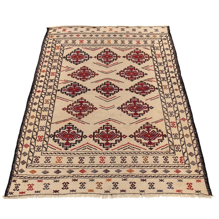 White Afghan Soumak Rug 4' 6" x 6' 4" Flat-Weave detail