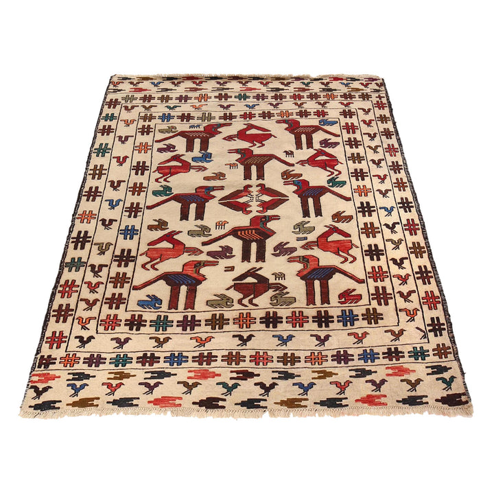 White Afghan Soumak Rug 4' 5" x 5' 4" Flat-Weave detail
