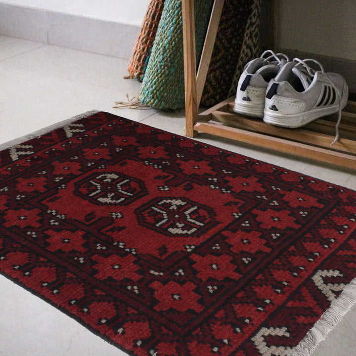 Red Afghan Doormat Rug 1' 7" x 2' 3" Hand-Knotted view