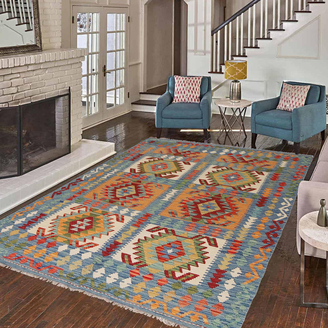 Handmade Turkish Design Wool Kilim 5' 7" x 7' 5" - No. AL40684