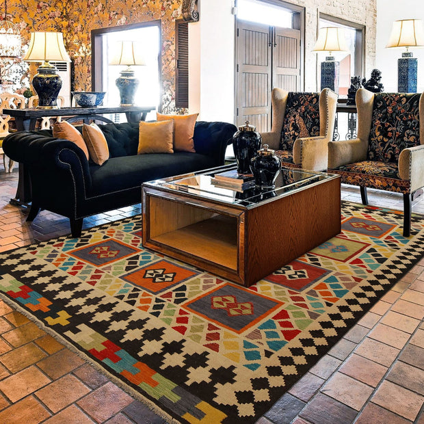 Colorful Flat-Weave Wool Kilim 7' 4" x 9' 10" - No. AL92683