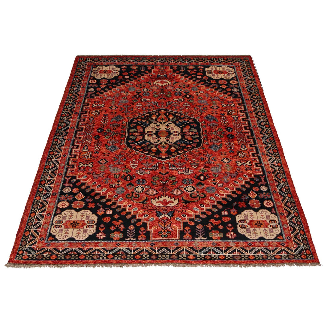 Red Afghan Shirazi Rug 6' 8" x 9' 8" Hand-Knotted detail