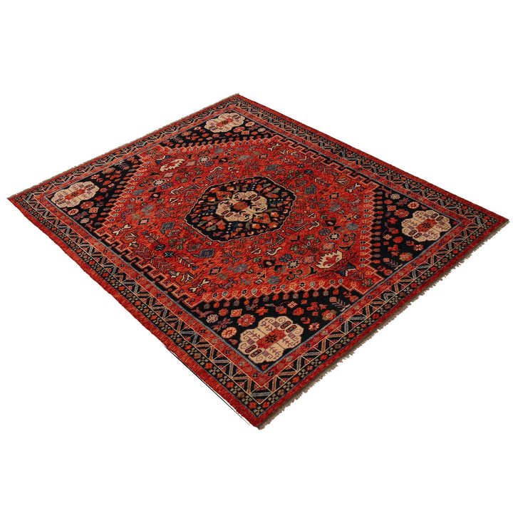 Red Afghan Shirazi Rug 6' 8" x 9' 8" Hand-Knotted close-up
